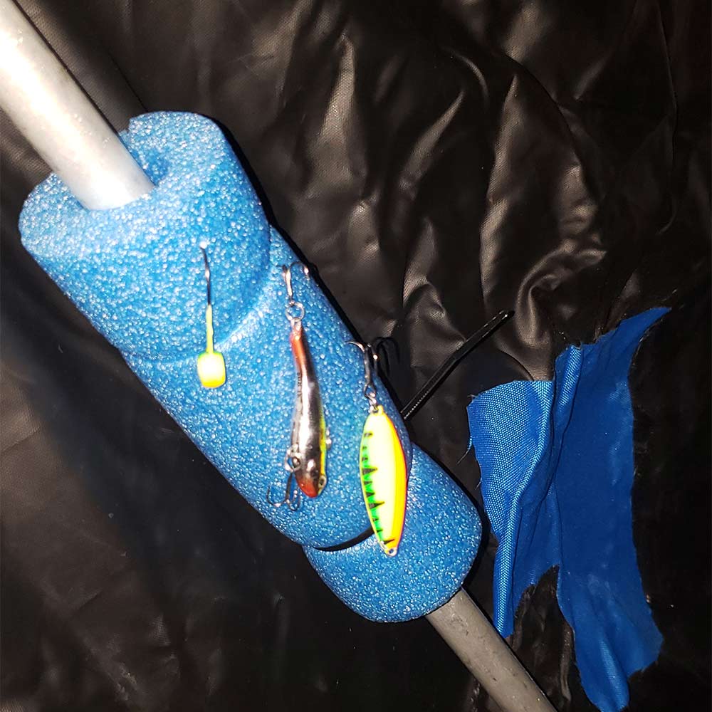 Snelled hook holder, made with pool noodle and tooth picks.
