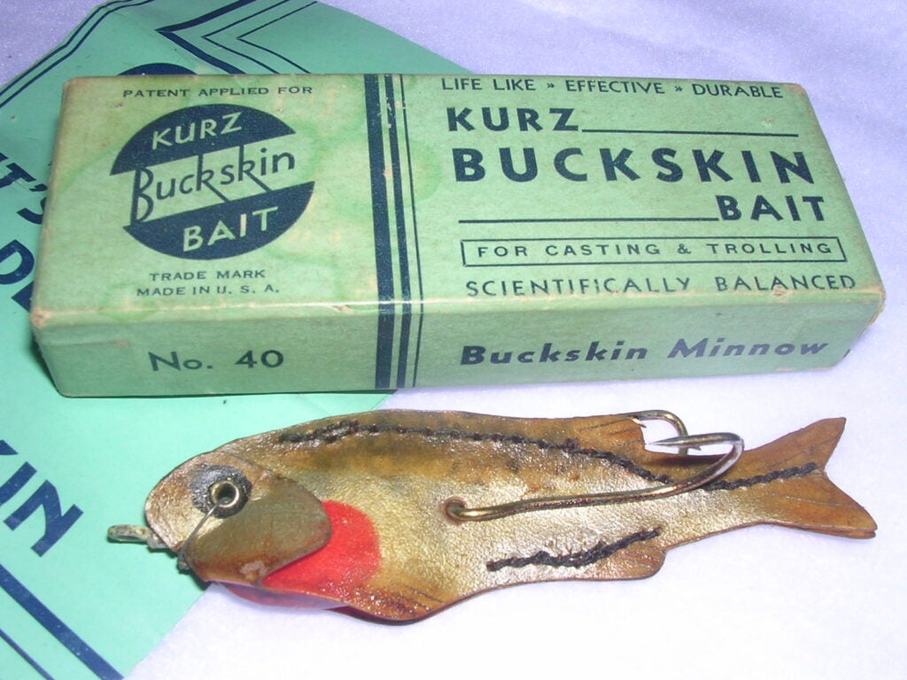VINTAGE FISHING bait box crammed with vintage lures + casts, etc