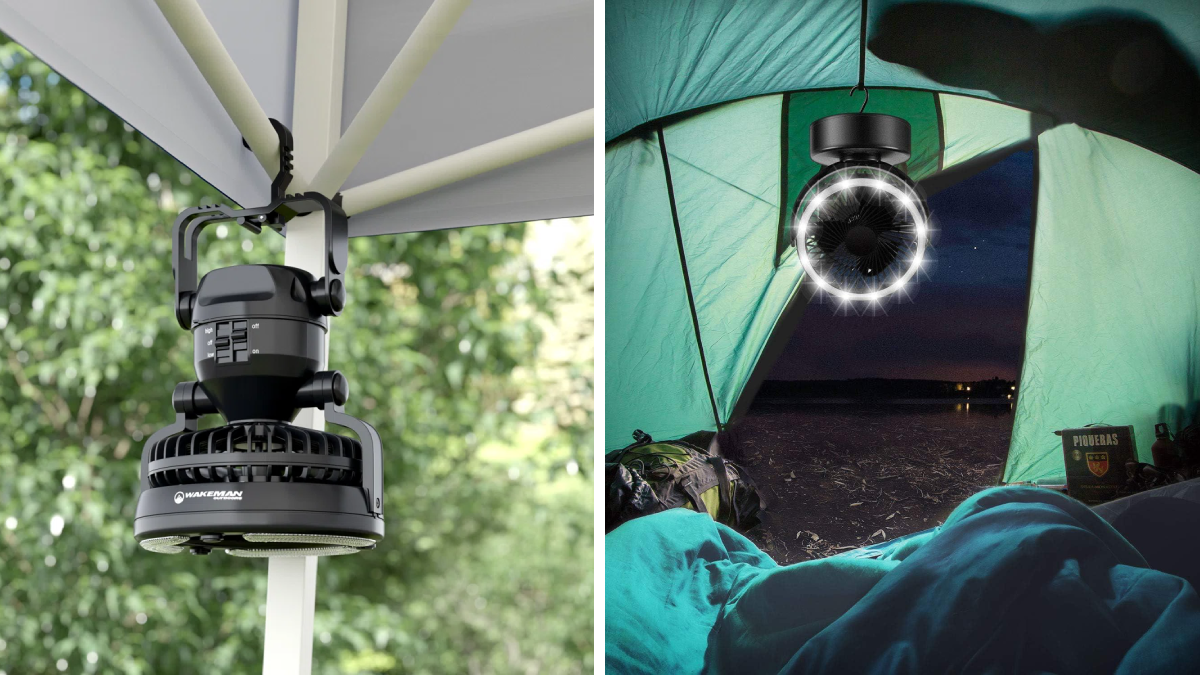 Odoland Camping Lantern with Built-In Fan hanging in tent