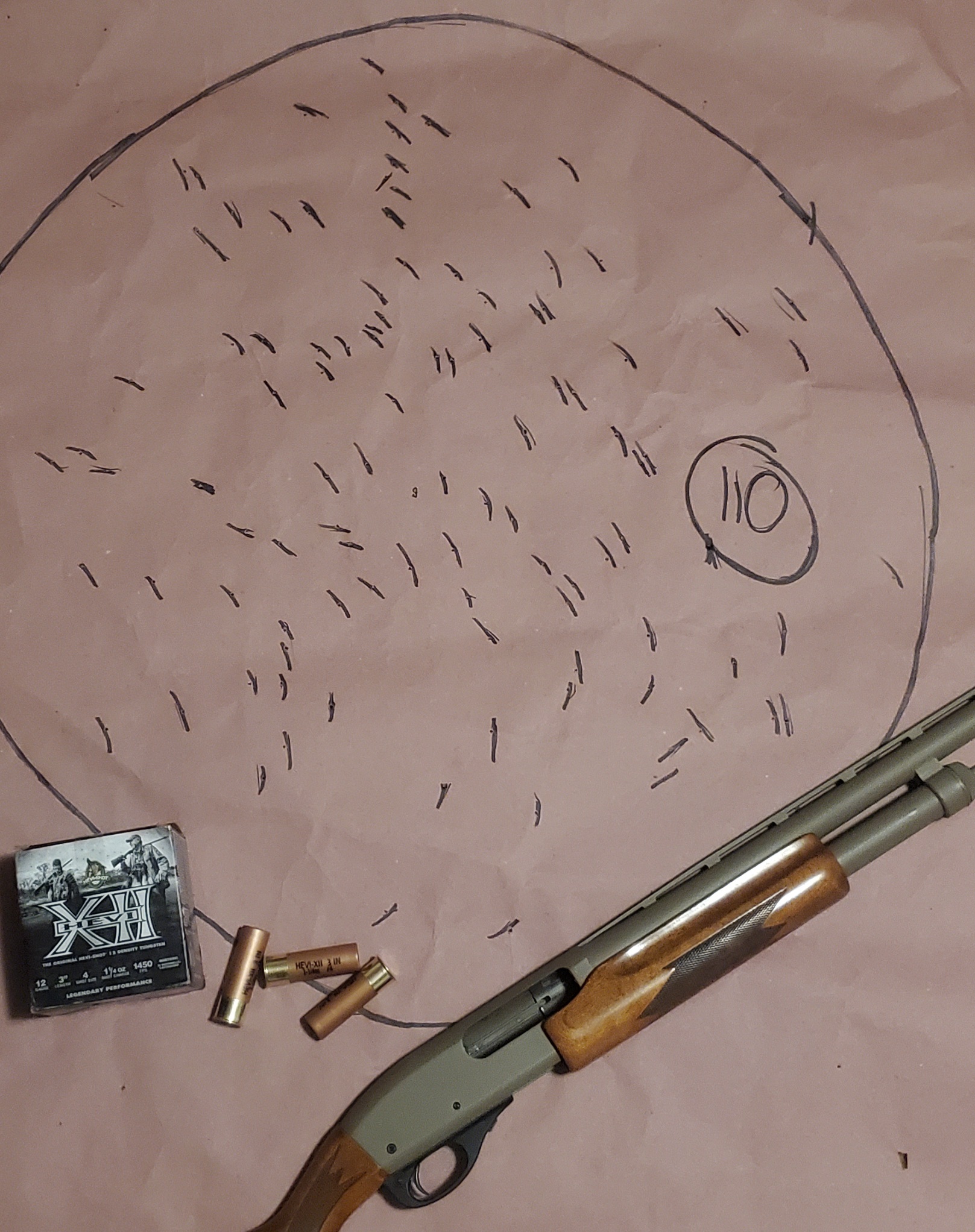 A pattern from a Remington shotgun with Hevi-Shot ammo.