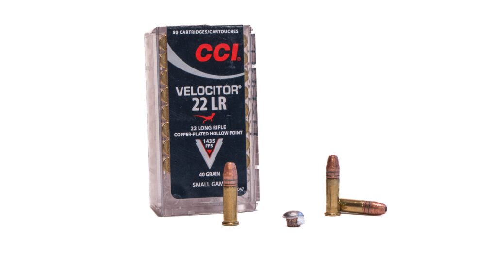 CCI Velocitor 40-grain HP 22 LR ammo on white background.