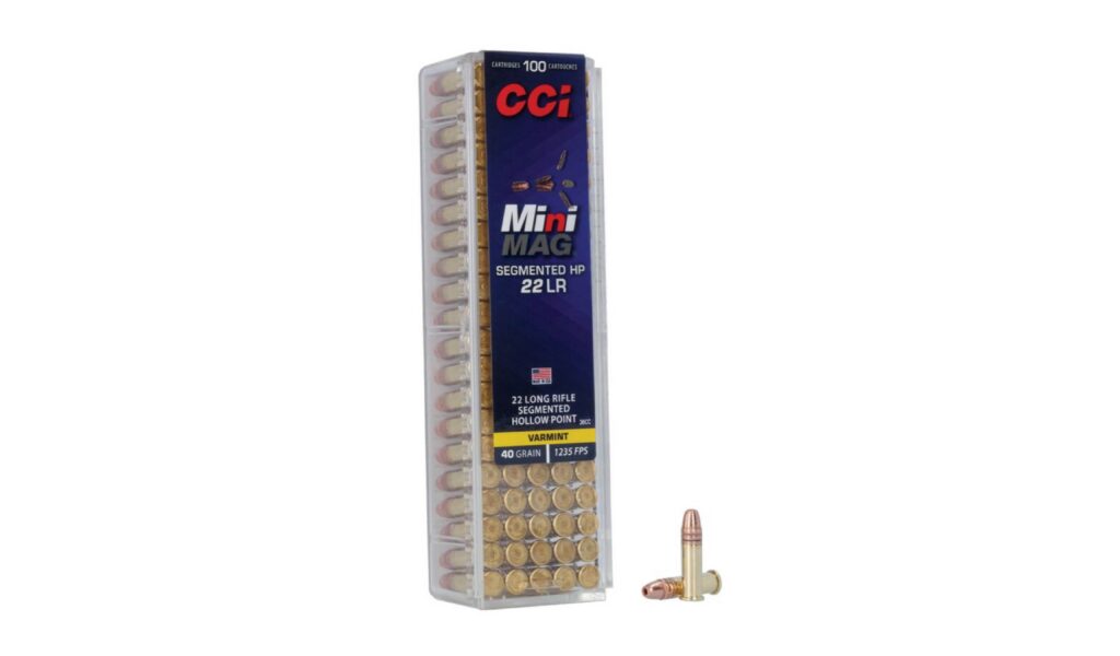 CCI 40-grain MiniMag 40-grain Segmented HP 22 LR ammo on white background.