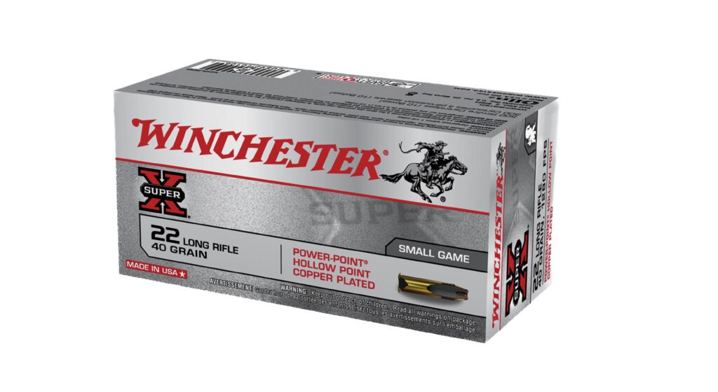 Winchester 40-grain Power Point HP 22 LR ammo on white background