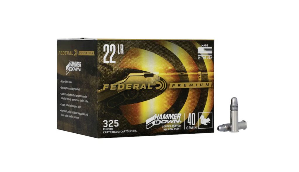Federal 40-grain HammerDown HP 22 LR ammo on a white background
