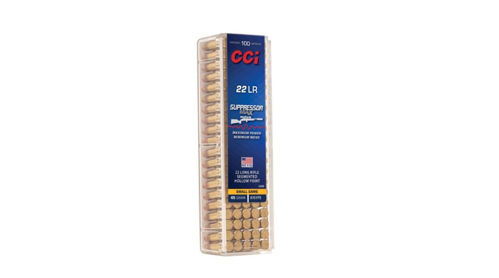 CCI Suppressor Max 45-grain Segmented HP ammo on a white background