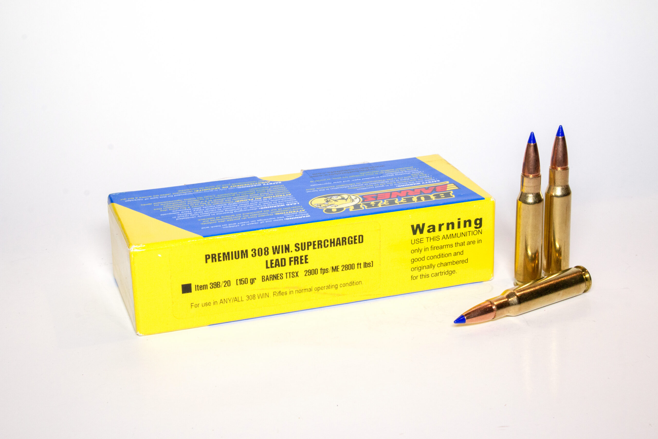Buffalo Bore 308 Winchester ammunition on a white background.