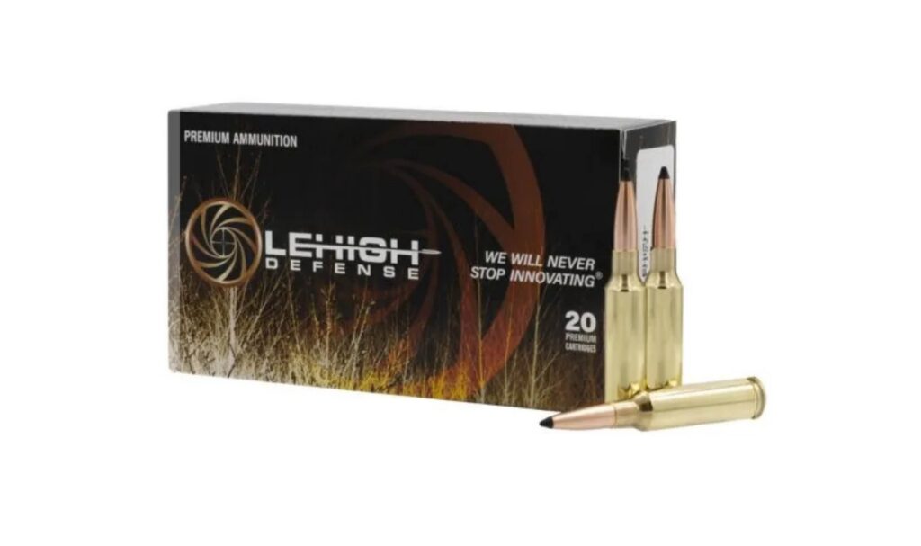 Lehigh Defense 120-grain Tipped Controlled Chaos 6.5 Creedmoor ammo on white background. 