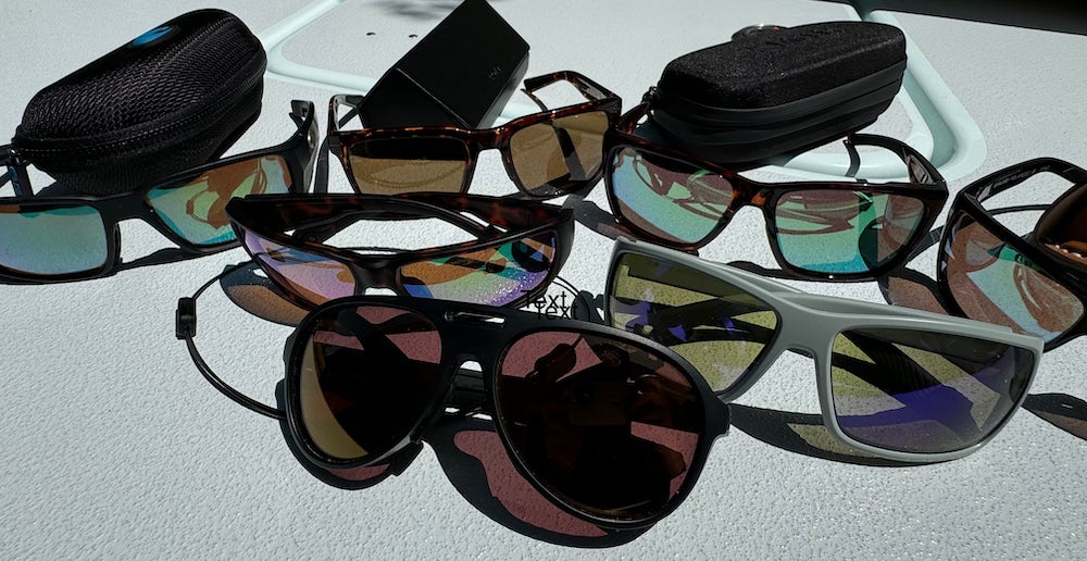 Fishing sunglasses sitting on boat during testing