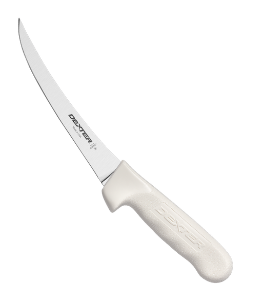 Dexter professional curved boning knife with white handle on transparent background