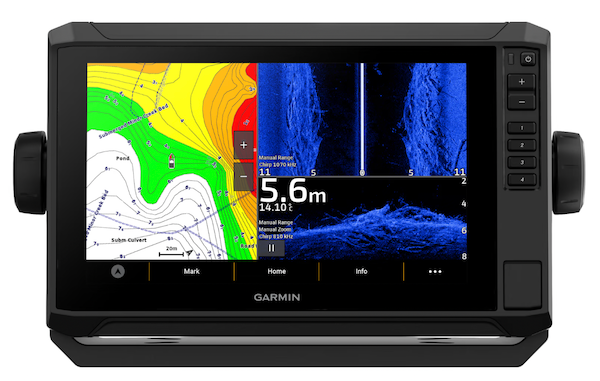 Garmin marine chartplotter displaying depth sonar reading of 5.6 meters with nautical map