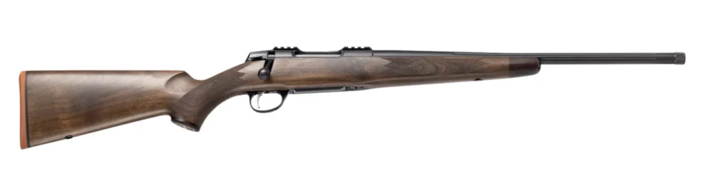 Sako Grizzly bolt-action rifle on white background. 