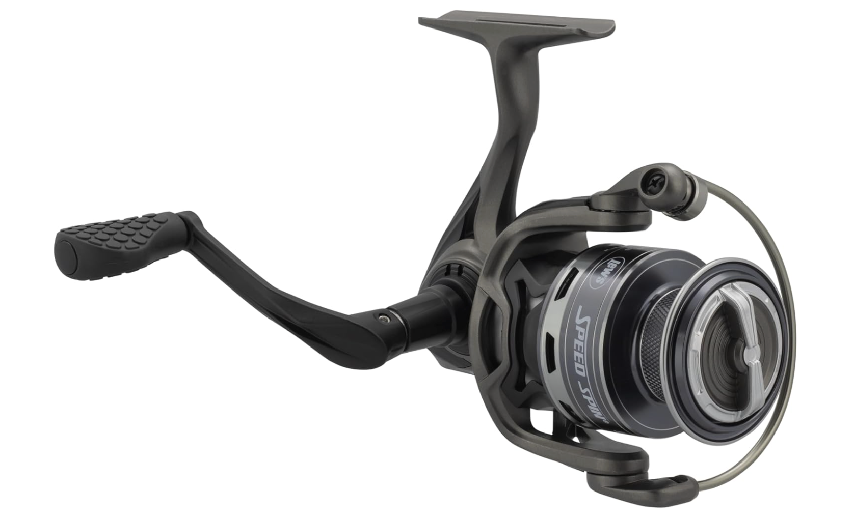 Lew's Speed Spin black spinning fishing reel with ergonomic handle on white background