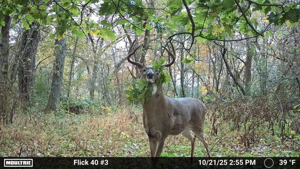 A trail camera of a buck with his face in a licking branch.