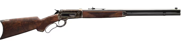 Winchester lever-action rifle with walnut stock and blued steel barrel on white background