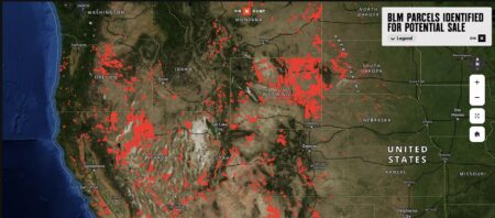 Map showing BLM parcels identified for potential sale across western United States highlighted in red.