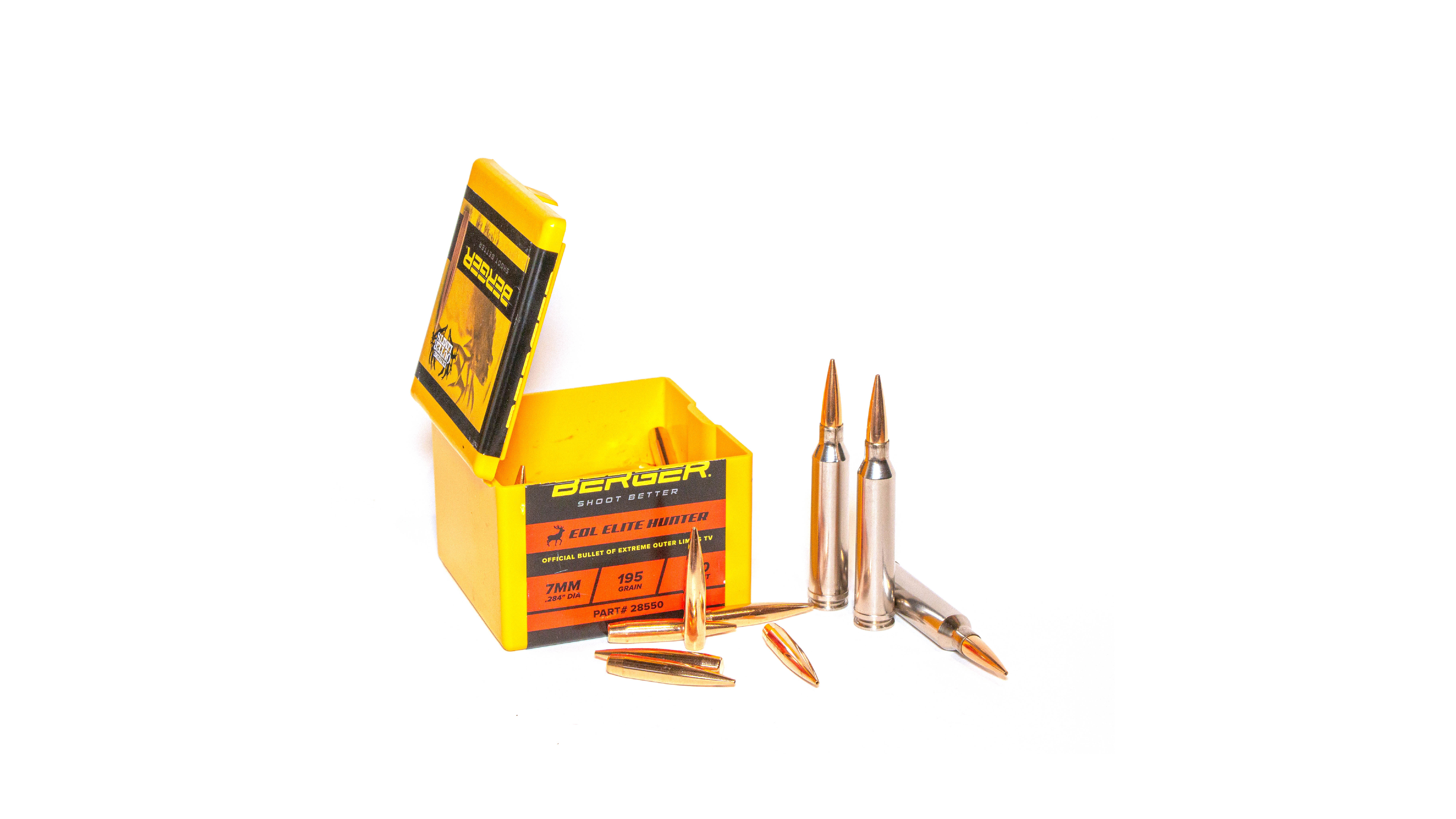 A box of 7mm bullets for hand loading. 