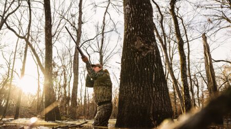 5 Ways to Use onX to Kill More Ducks Hunter in camouflage aiming shotgun upward in winter forest at sunset