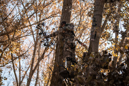 Camouflaged bowhunter standing in elevated tree stand during autumn deer season
