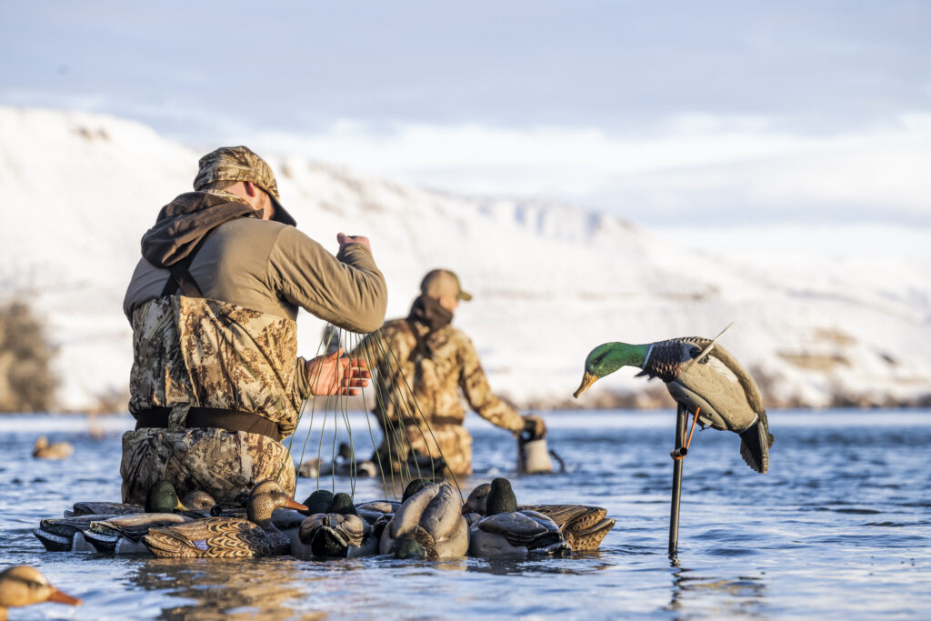 Two hunters in camouflage setting duck decoys in a snowy winter lake.