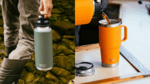 YETI insulated water bottle and orange travel mug being filled with coffee