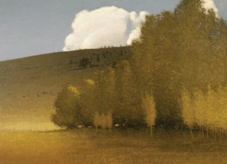 Golden landscape painting with trees, rolling hill, and billowing white clouds.