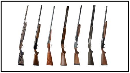 The 20 Gauge Shotguns Worth Hunting With, According to Our Expert Seven shotguns displayed side by side including camo and wood stock variations