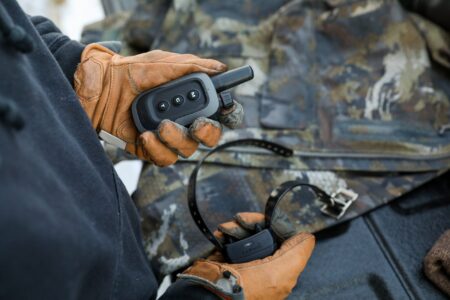 Dog Training: Garmin Delta SE Collar Review Hunter in leather gloves holding Garmin dog training collar remote and receiver.