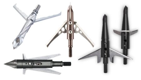 Five mechanical broadhead arrowheads in silver, bronze, and black finishes for archery hunting.