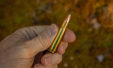 Hand holding a single brass rifle cartridge with blue-tipped bullet outdoors