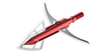 Red mechanical broadhead arrowhead with expandable silver blades for archery hunting