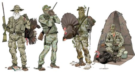 The 4 Types of Turkey Hunters You’ll Encounter This Spring An illustration showing four turkey hunting personalities.