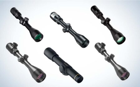 Six various rifle scopes displayed on light blue gradient background for comparison.