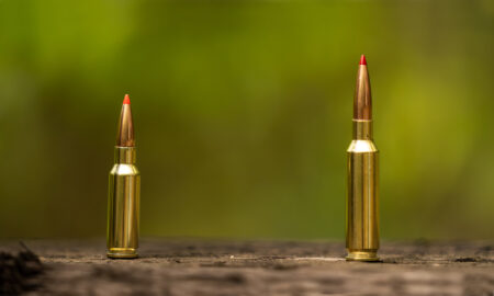 6.5 Grendel vs 6.5 Creedmoor Two brass rifle cartridges with red-tipped bullets standing upright on wood surface.