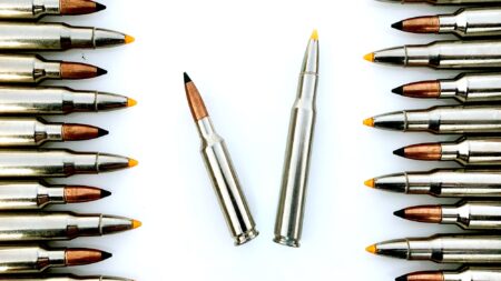 6.5 Creedmoor vs 30-06: Battle of the Big-Game GOATs Various rifle cartridges arranged symmetrically with two center bullets on white background
