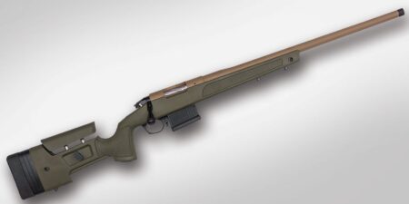 Bolt-action precision rifle with olive drab stock and flat dark earth barrel