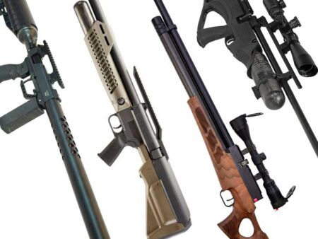 8 Big-Bore Airguns That Are Powerful Enough to Take Big Game Four air rifles displayed including tactical and wood stock models with scopes