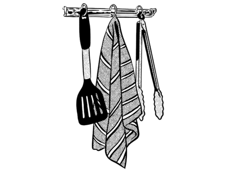 F&S Classics: Tap’s Tips Kitchen rack with hanging spatula, striped dish towel, and cooking tongs.