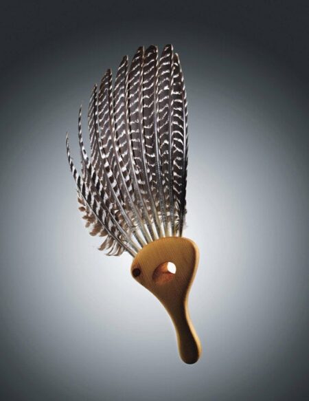 Make Your Own Turkey Wing Call Handcrafted wooden handle feather fan with striped black and white feathers