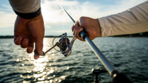 Angler holding spinning fishing rod and reel over sunlit lake water outdoors