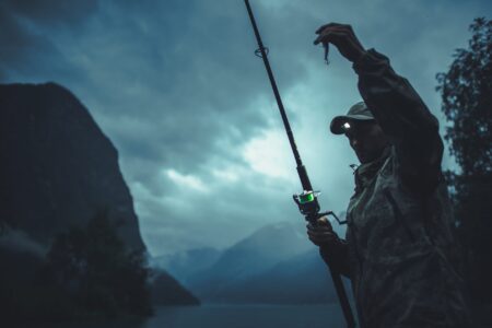 Angler holding fishing rod with reel at dusk near misty mountain lake