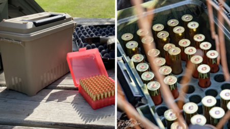Ammunition storage boxes containing pistol cartridges and shotgun shells at outdoor shooting range