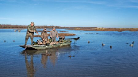 Three hunters on a camouflaged boat surrounded by duck decoys in a marsh.