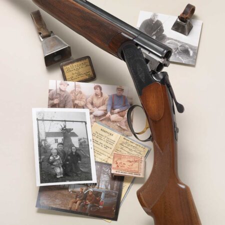 F&S Classics: A Hunt with Poppa Vintage over-under shotgun displayed with old family hunting photos and Kentucky licenses