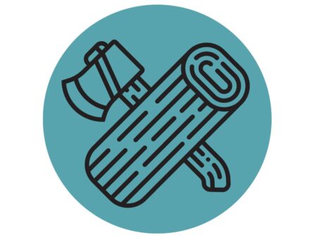Crossed axe and wooden log icon on teal circular background