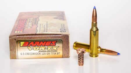 Barnes VOR-TX 6.5 Creedmoor 120gr TTSX BT ammunition box with expanded bullet