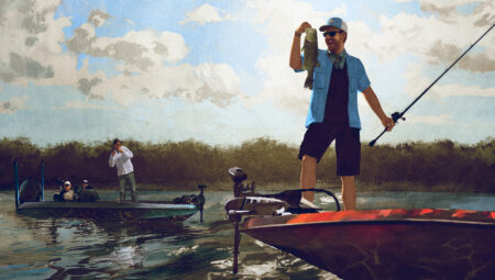 Angler proudly holds caught bass while standing on fishing boat on calm river