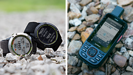 Garmin GPS smartwatches and handheld satellite communicator device on rocky outdoor terrain