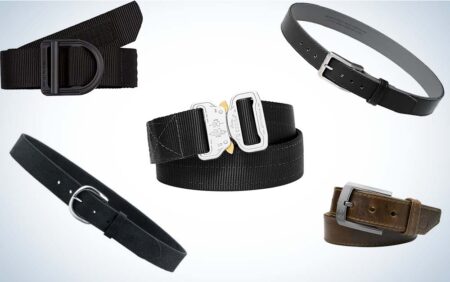 Five tactical and leather belts in black and brown with various buckle styles.