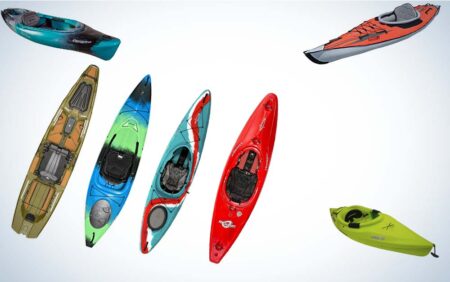 Seven colorful kayaks displayed overhead and side views on white background