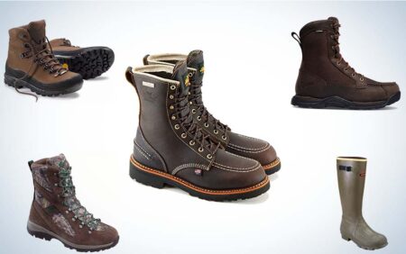 Collection of five hunting boots including leather lace-up boots and rubber rain boots